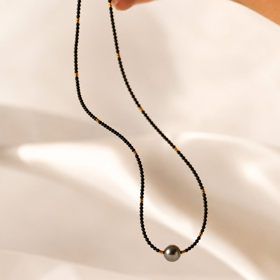 Noire Tahitian Pearl & Black Spinel Necklace – 8-11mm
