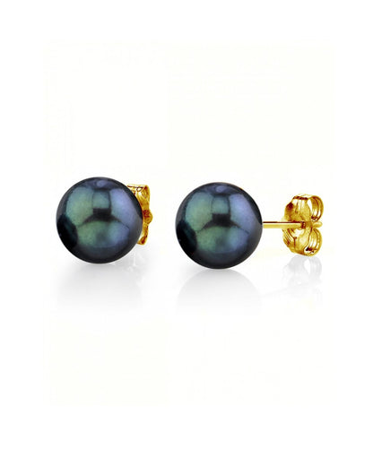 Black Akoya Round Pearl Stud Earrings 7.0-8.0mm