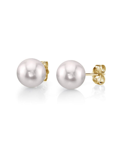 White Akoya Round Pearl Stud Earrings 7.0-8.0mm